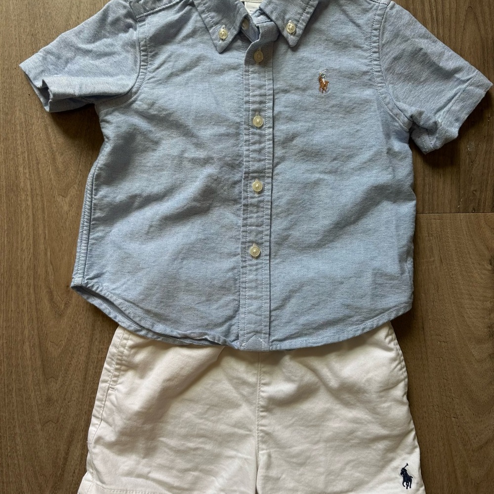 12M Ralph Lauren Baby Boys Blue Short-Sleeve Oxford Shirt & White Shorts Set